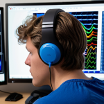 **

A person wearing a brainwave measuring device (EEG headset), looking intently at a computer screen displaying real-time brainwave data. The screen shows different colored brainwave patterns (Delta, Theta, Alpha, Beta, Gamma). The background is a comfortable, modern workspace. Focus on conveying concentration and scientific exploration.

**