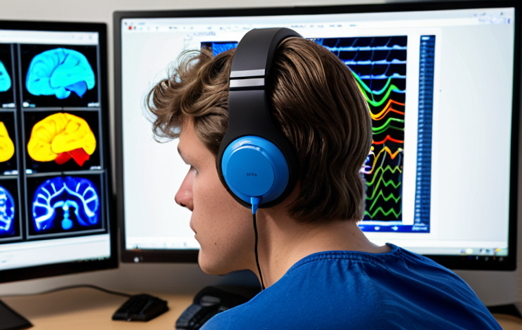 **

A person wearing a brainwave measuring device (EEG headset), looking intently at a computer screen displaying real-time brainwave data. The screen shows different colored brainwave patterns (Delta, Theta, Alpha, Beta, Gamma). The background is a comfortable, modern workspace. Focus on conveying concentration and scientific exploration.

**