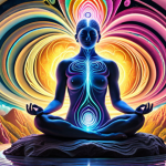** Meditating figure surrounded by swirling, colorful brainwaves representing alpha and theta frequencies, peaceful nature background.

**